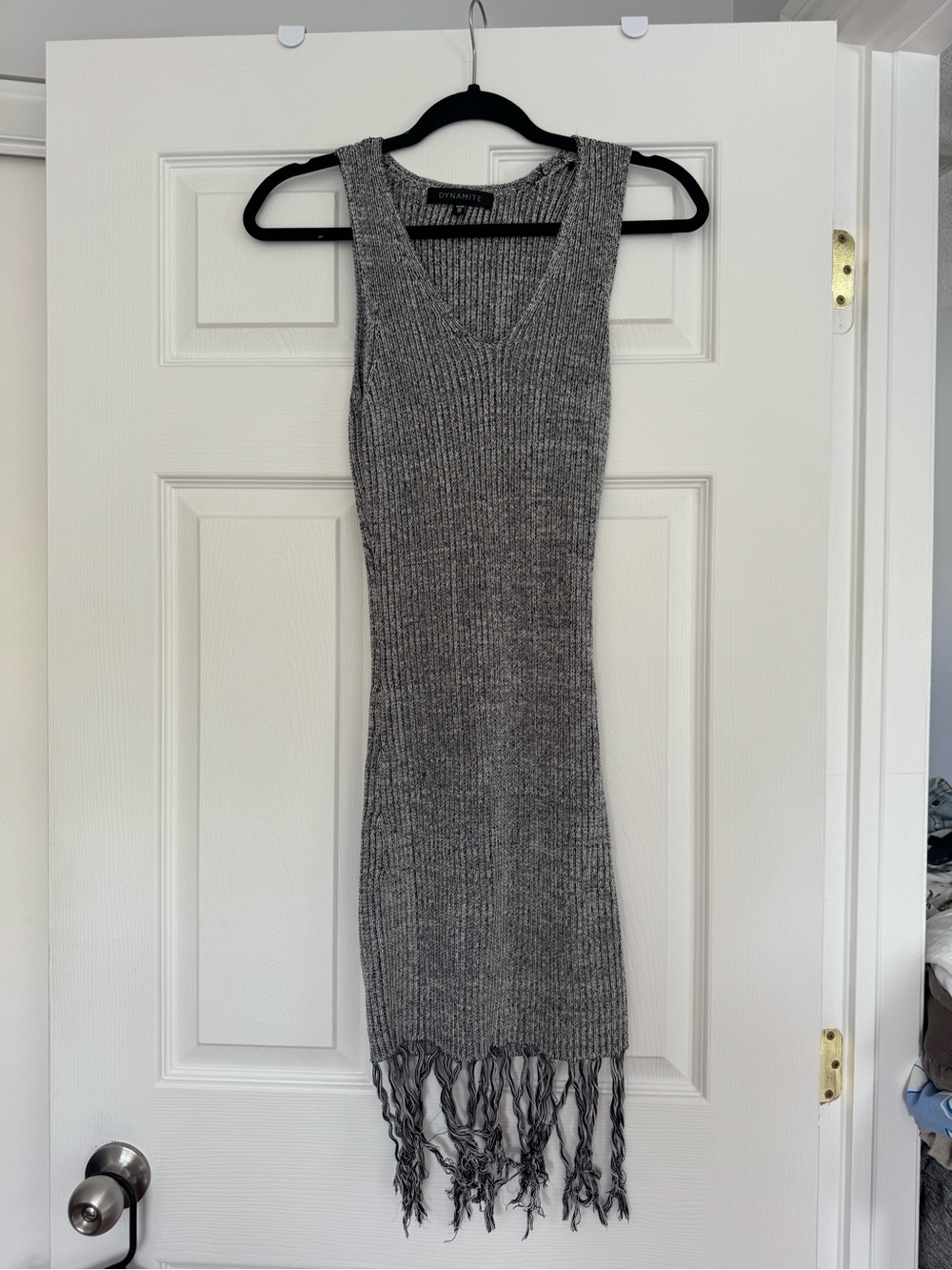 Dynamite Gray Ribbed Knit Fringe Tank Dress